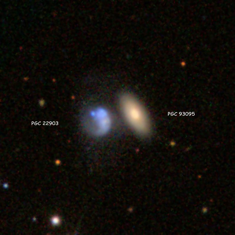 SDSS image of lenticular galaxy PGC 93095 and the interacting galaxies listed as PGC 22903, which together comprise IC 496
