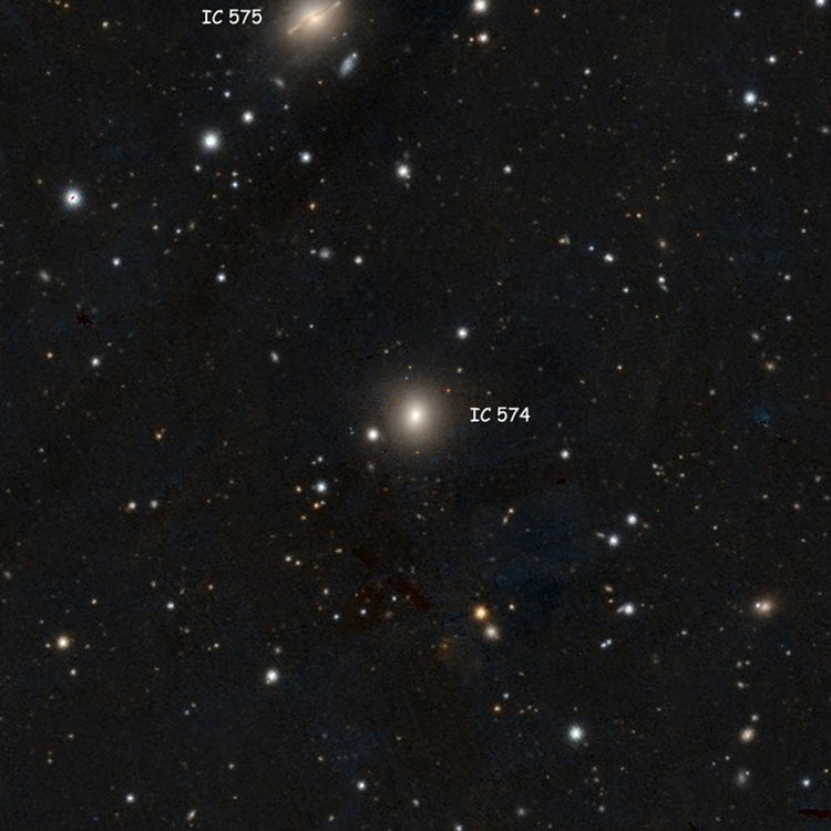 DSS image of region near lenticular galaxy IC 574; also shown is spiral galaxy IC 574, also known as Arp 292