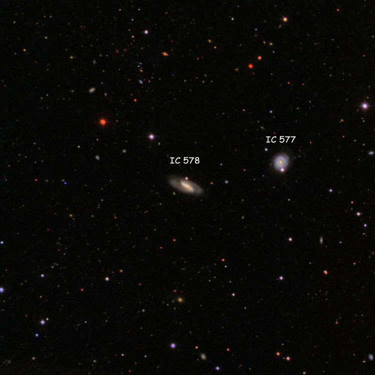 SDSS image of region near spiral galaxy IC 578, also showing spiral galaxy IC 577