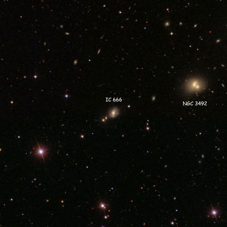 SDSS image of region near lenticular galaxy IC 666, also showing multiple galaxy NGC 3492