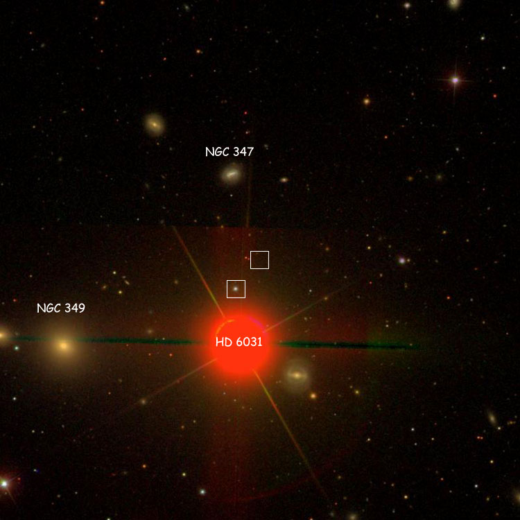 SDSS image of region near IC 72, which is either a nonexistent object or a faint star, also showing NGC 347 and NGC 349