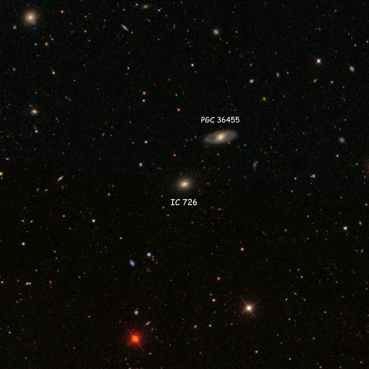 SDSS image of region near lenticular galaxy IC 726, also showing spiral galaxy PGC 36455
