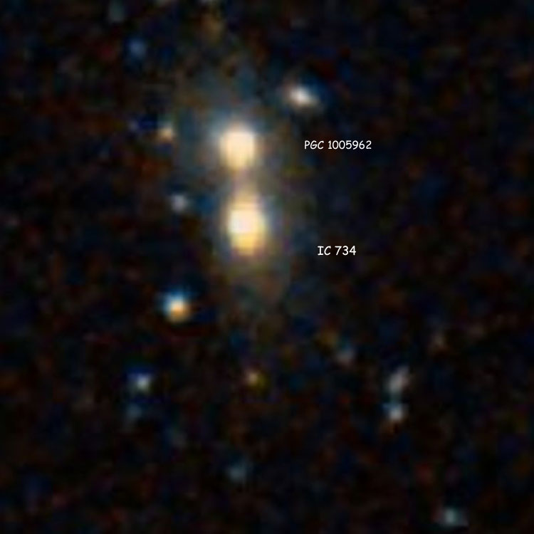 DSS image of lenticular galaxies PGC 36701, which is IC 734, and PGC 1005962, which is sometimes (incorrectly) treated as part of the IC entry