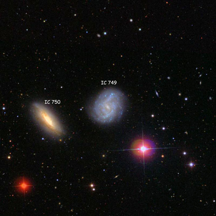 SDSS image of region near spiral galaxy IC 749, also showing spiral galaxy IC 750