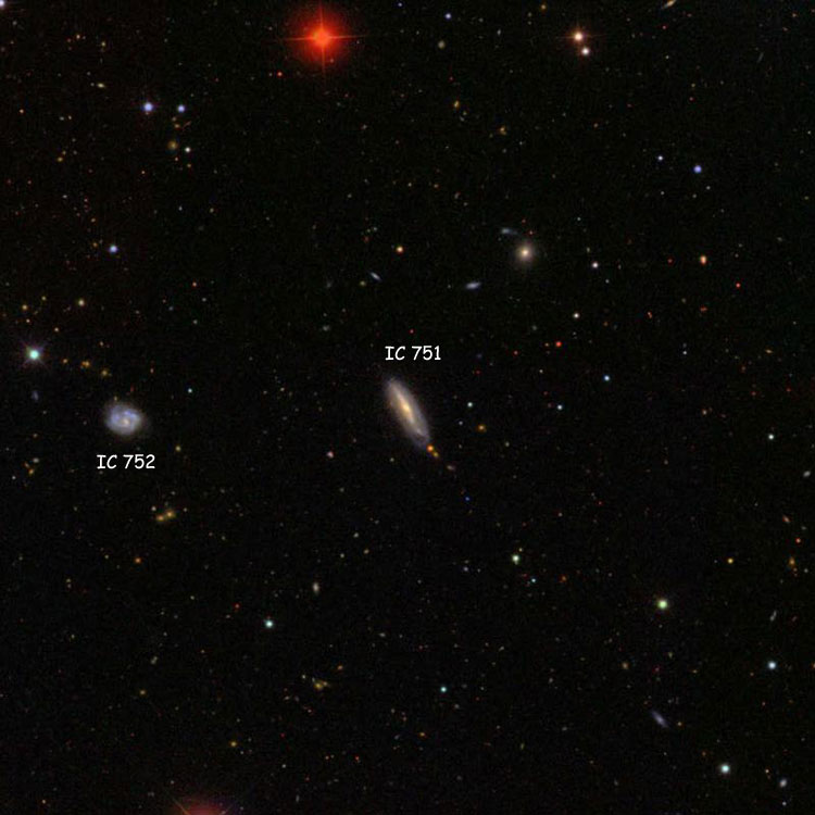 SDSS image of region near spiral galaxy IC 751, also showing IC 752