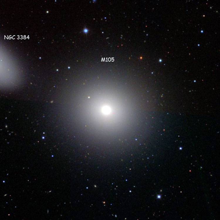 Color-corrected SDSS image of region near elliptical galaxy NGC 3379, also known as M105