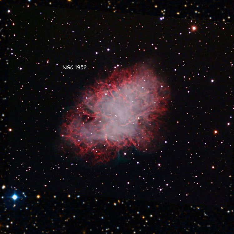 Misti Mountain Observatory image of region near supernova remnant NGC 1952, also known as M1, the Crab Nebula, overlaid on a DSS background to fill in missing areas