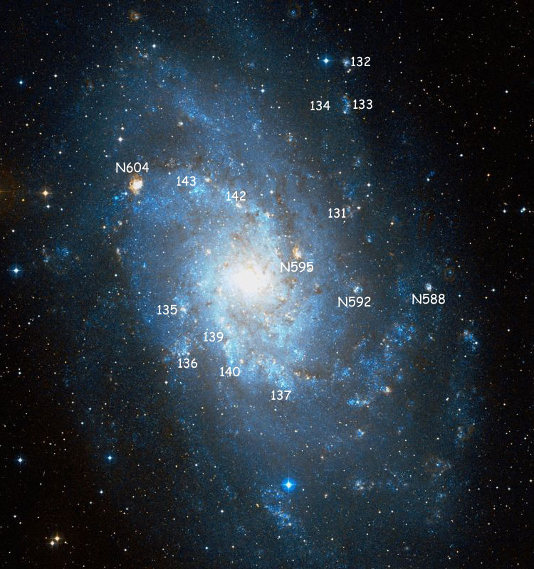 DSS image of spiral galaxy M33, labeled to show IC and NGC objects