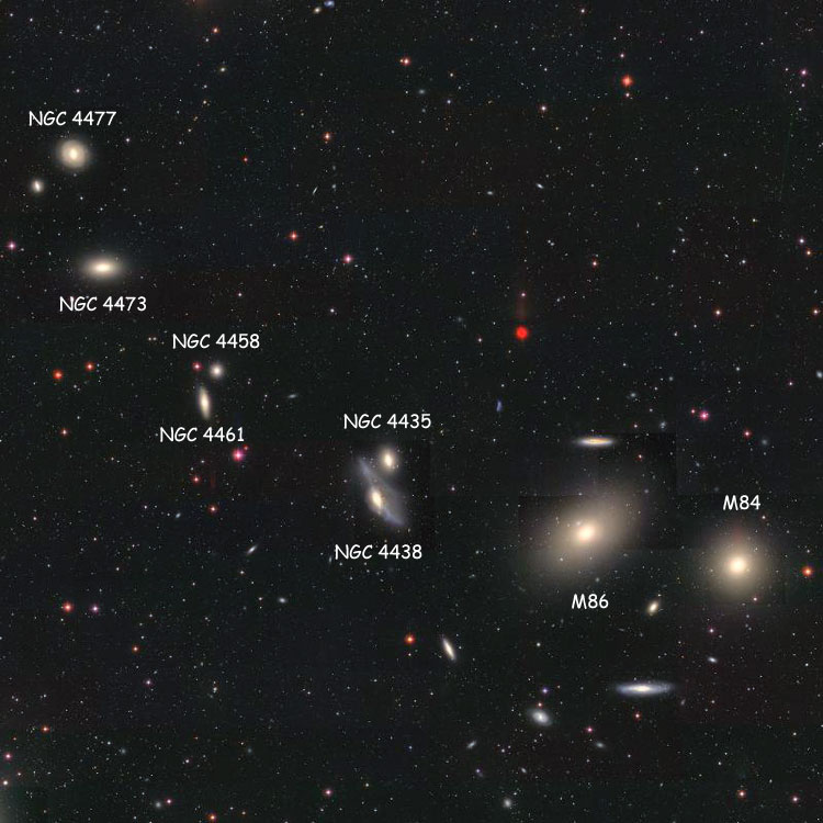 SDSS image of Markarian's Chain, with labels for galaxies in the Chain
