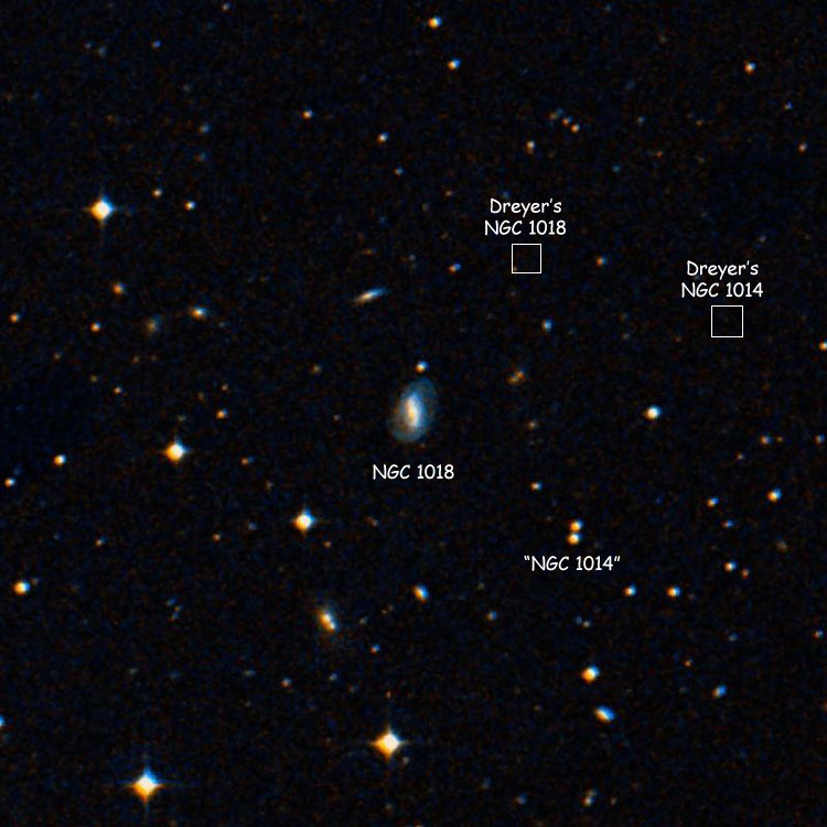 DSS image of lenticular galaxy NGC 1018, also showing the pair of stars listed as NGC 1014 (boxes show the NGC positions of the two listings, to show that their relative positions more or less match the relative positions of the actual objects)