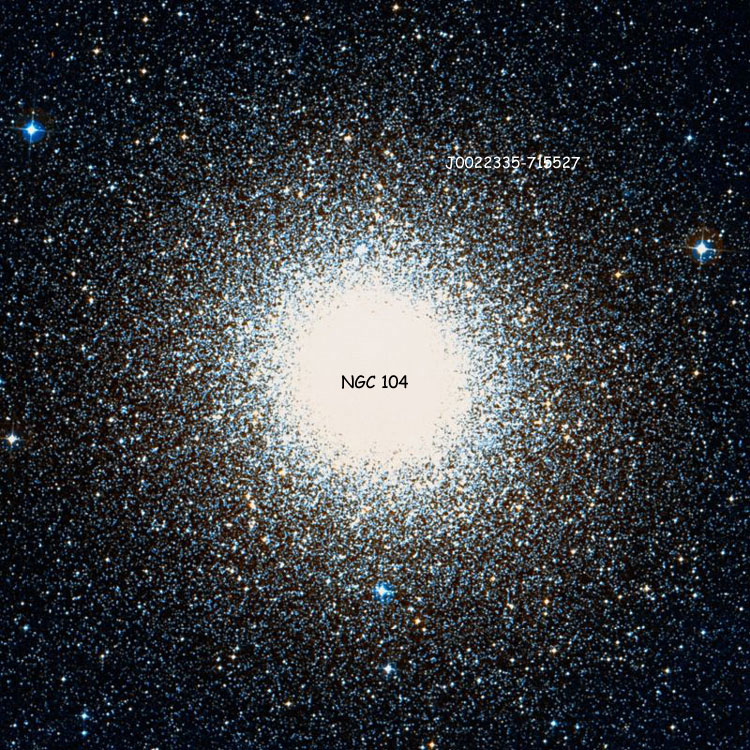 DSS image of region centered on globular cluster NGC 104, also called 47 Tucanae