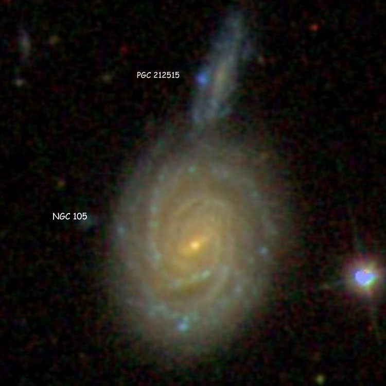 SDSS image of spiral galaxy NGC 105, also showing its apparent companion, PGC 212515, which in reality is almost certainly a much more distant background galaxy