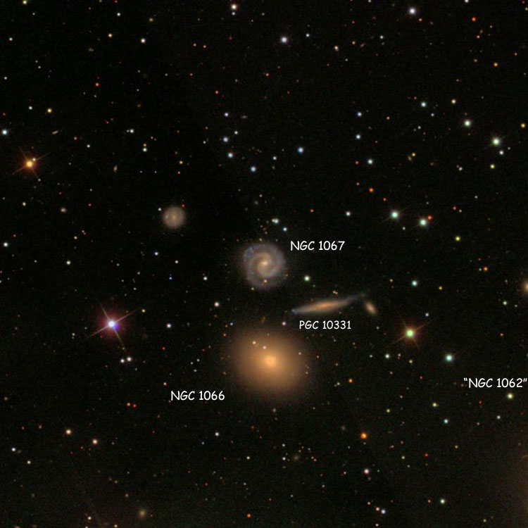 SDSS image of region near spiral galaxy NGC 1067, also showing NGC 1066, the star listed as NGC 1062, and PGC 10331, which is sometimes misidentified as NGC 1062