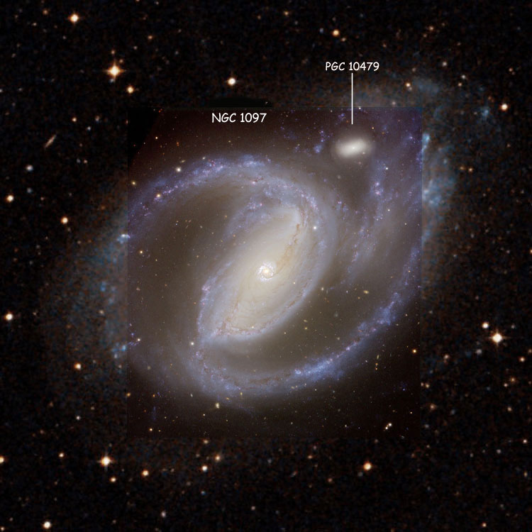 Superposition of an ESO image of spiral galaxy NGC 1097 and its companion, PGC 10479 (which comprise Arp 77) on a DSS background to fill in missing areas