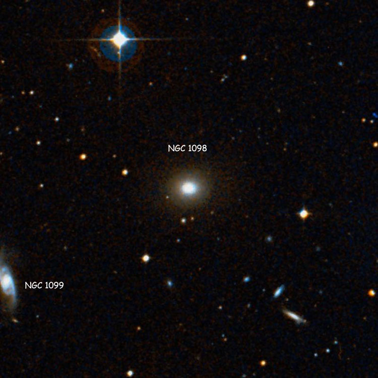 DSS image of region near lenticular galaxy NGC 1098, a member of Hickson Compact Group 21, also showing part of NGC 1099, another member of the group