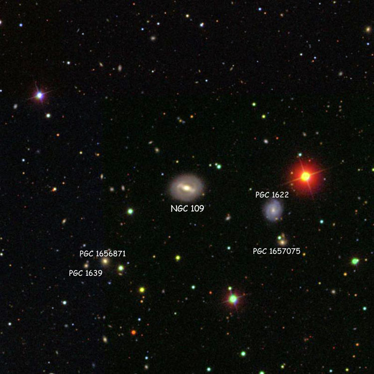 SDSS image of region near lenticular galaxy NGC 109, also showing numerous PGC objects