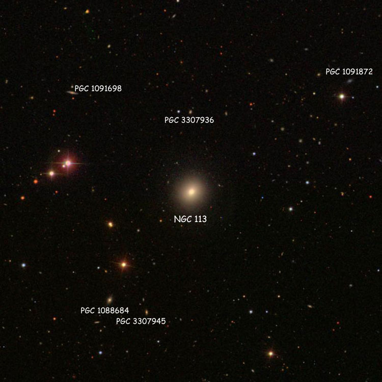SDSS image of region near lenticular galaxy NGC 113, also showing a number of PGC objects
