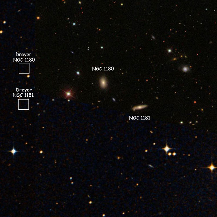 SDSS image of region near spiral galaxy NGC 1181, overlaid on a DSS background to fill in missing areas; also shown is its apparent companion, lenticular galaxy NGC 1180, and Dreyer's positions for the two objects