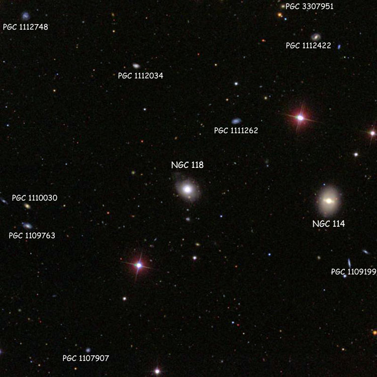SDSS image of region near spiral galaxy NGC 118, also showing NGC 114 and numerous PGC objects