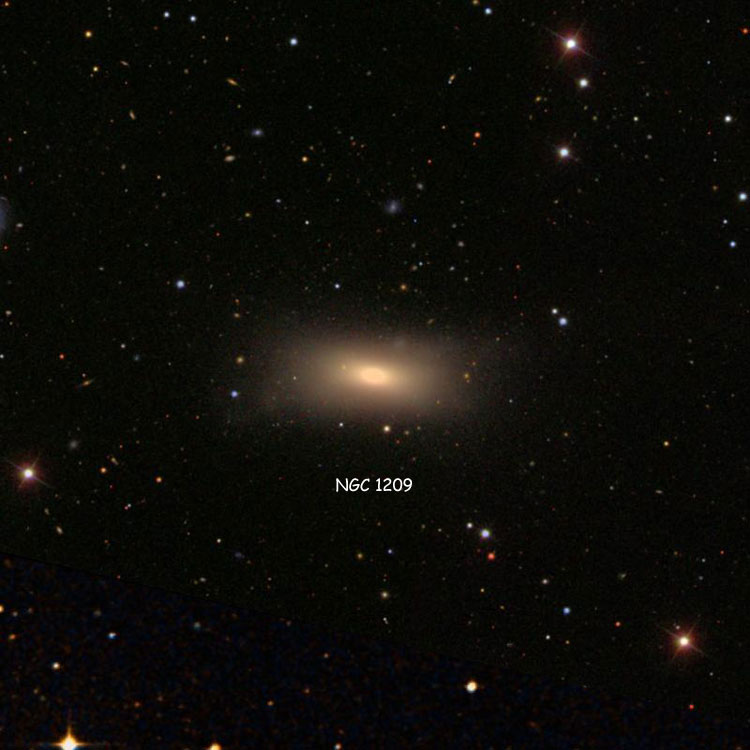 SDSS image of region near lenticular galaxy NGC 1209, superimposed on a DSS background to fill in missing areas