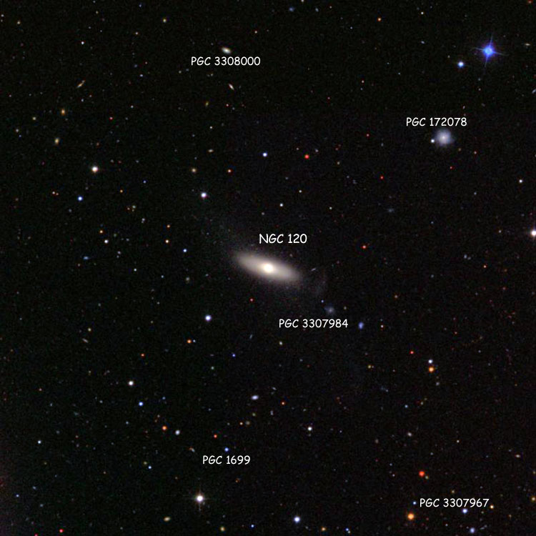 SDSS image of region near lenticular galaxy NGC 120, also showing numerous PGC objects
