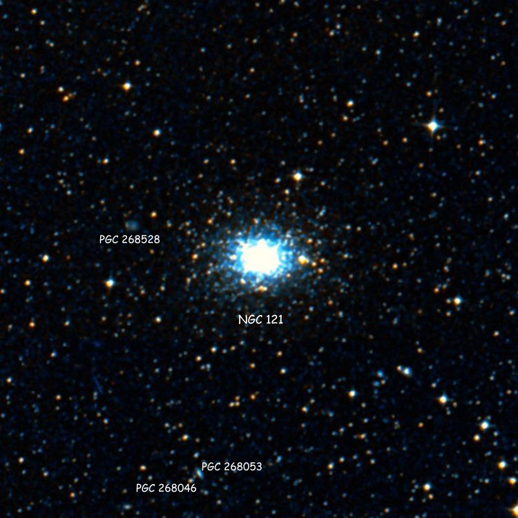 DSS image of region near Small Magellanic Cloud globular cluster NGC 121, showing numerous PGC objects