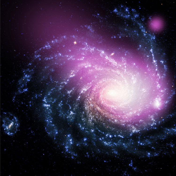 ESO/Chandra composite visual and X-ray image of spiral galaxy NGC 1232 and its apparent companion, PGC 11834, also known as NGC 1232A, the pair also being known as Arp 41