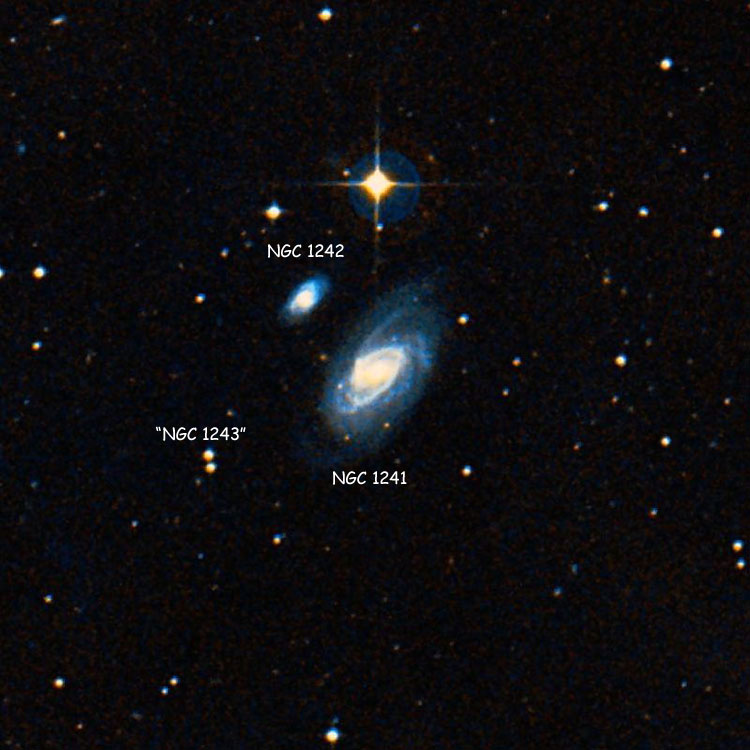 DSS image of region near spiral galaxies NGC 1241 and 1242, also known as Arp 304; also shown is the pair of stars listed as NGC 1243