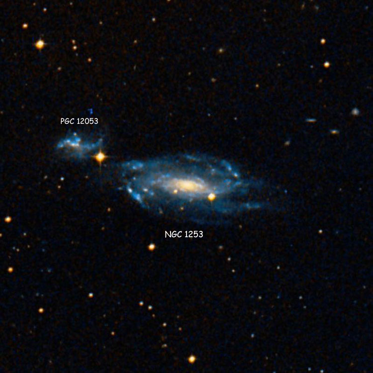 DSS image of region near spiral galaxy NGC 1253, also showing PGC 12053, which is often called NGC 1253A; the pair comprise Arp 279