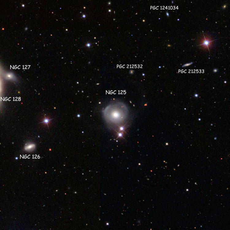 SDSS image of region near lenticular galaxy NGC 125, also showing NGC 126, NGC 127 and part of NGC 128, and numerous PGC objects