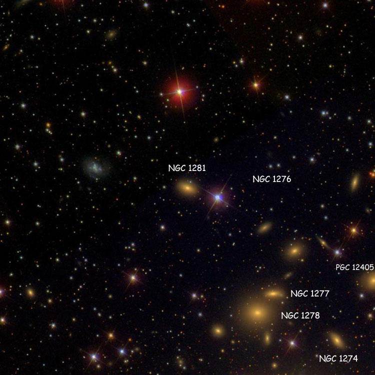 SDSS image of elliptical galaxy NGC 1281, also showing NGC 1274, NGC 1276, NGC 1277, NGC 1278 and PGC 12405, which is often misidentified as IC 1907