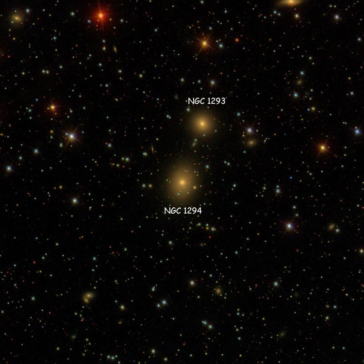 SDSS image of region near elliptical galaxy NGC 1294, also showing NGC 1293