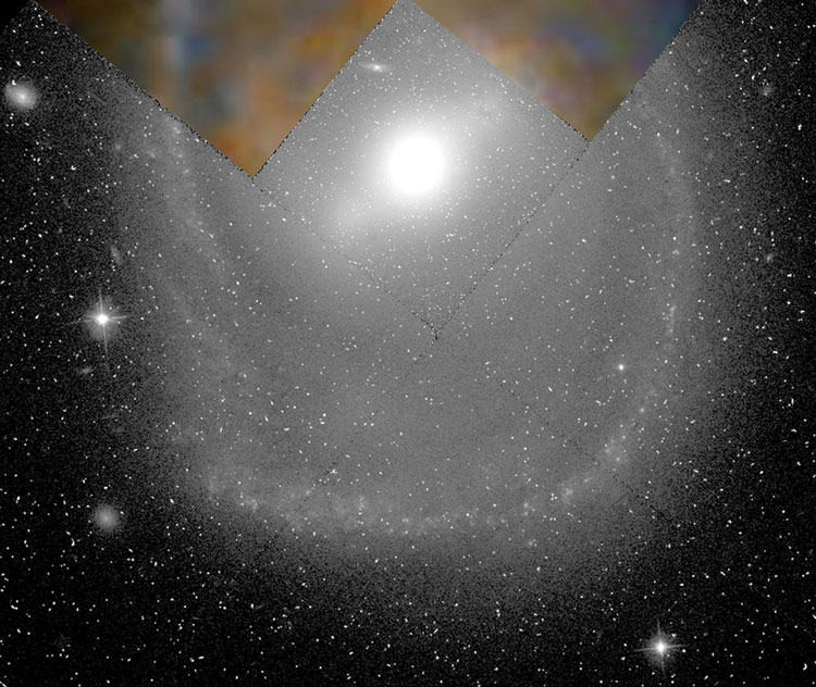 'Raw' HST image of part of spiral galaxy NGC 1358 overlaid on a DSS image to show its location relative to the rest of the galaxy