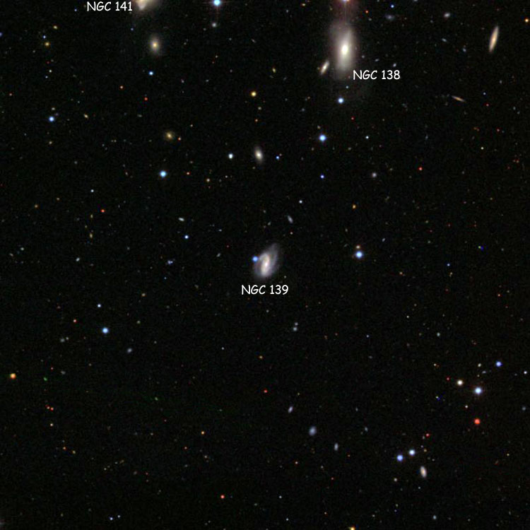 SDSS image of region near spiral galaxy NGC 139, also showing NGC 138 and part of NGC 141