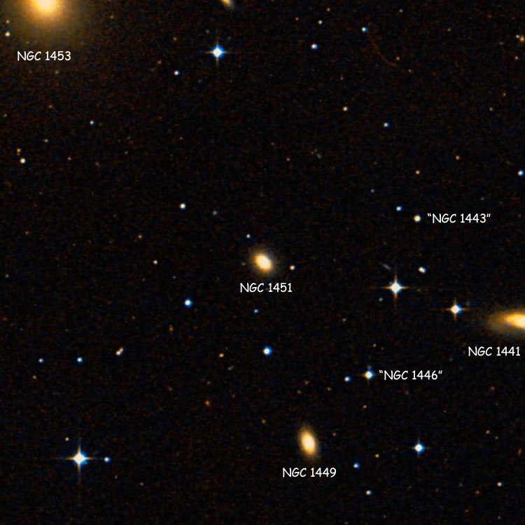 DSS image of region near lenticular galaxy NGC 1451, also showing NGC 1441, NGC 1449 and NGC 1453, and the stars listed as NGC 1443 and NGC 1446