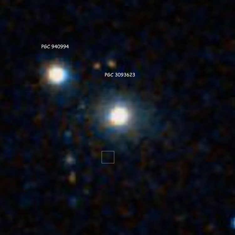 DSS image of PGC 3093623, the elliptical galaxy traditionally identified as NGC 1538, and its probable companion, PGC 940994