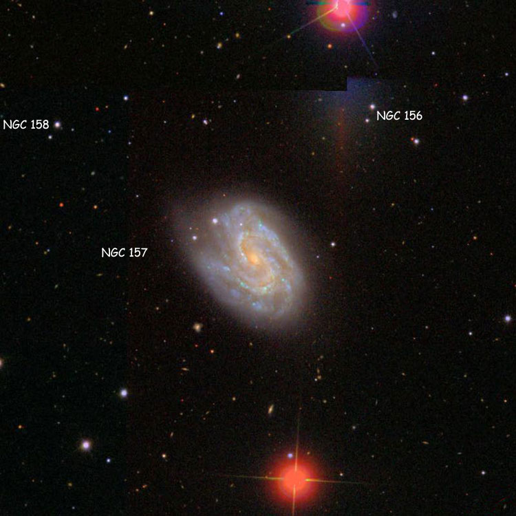 SDSS image of region near spiral galaxy NGC 157, also showing the pair of stars listed as NGC 156 and the pair of stars listed as NGC 158