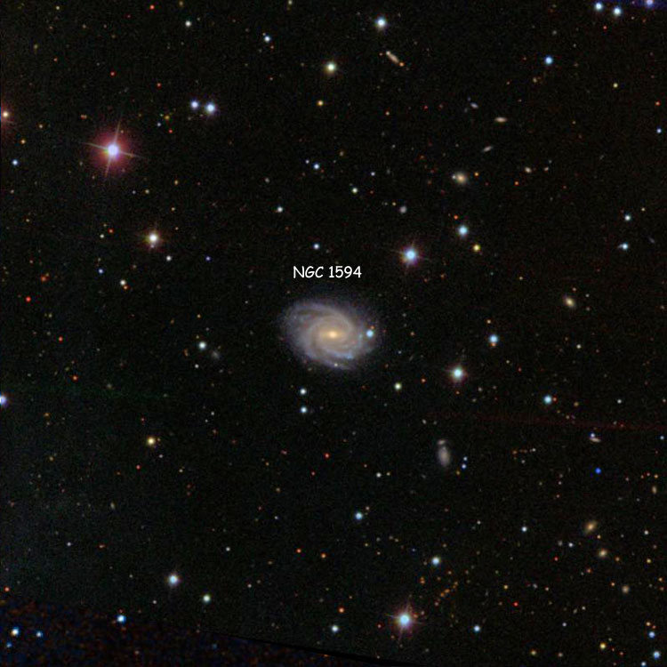 SDSS image of region near spiral galaxy NGC 1594, superimposed on a DSS background to fill in missing areas