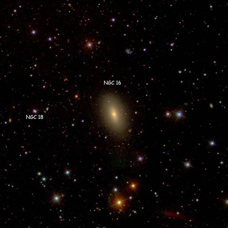 SDSS image of region near lenticular galaxy NGC 16, also showing the double star listed as NGC 18