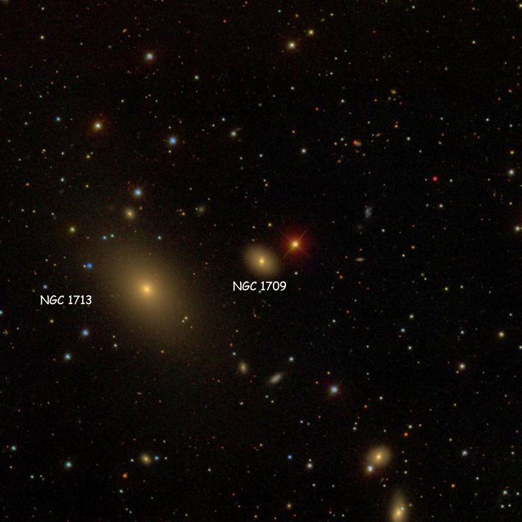 SDSS image of region near lenticular galaxy NGC 1709, also showing NGC 1713