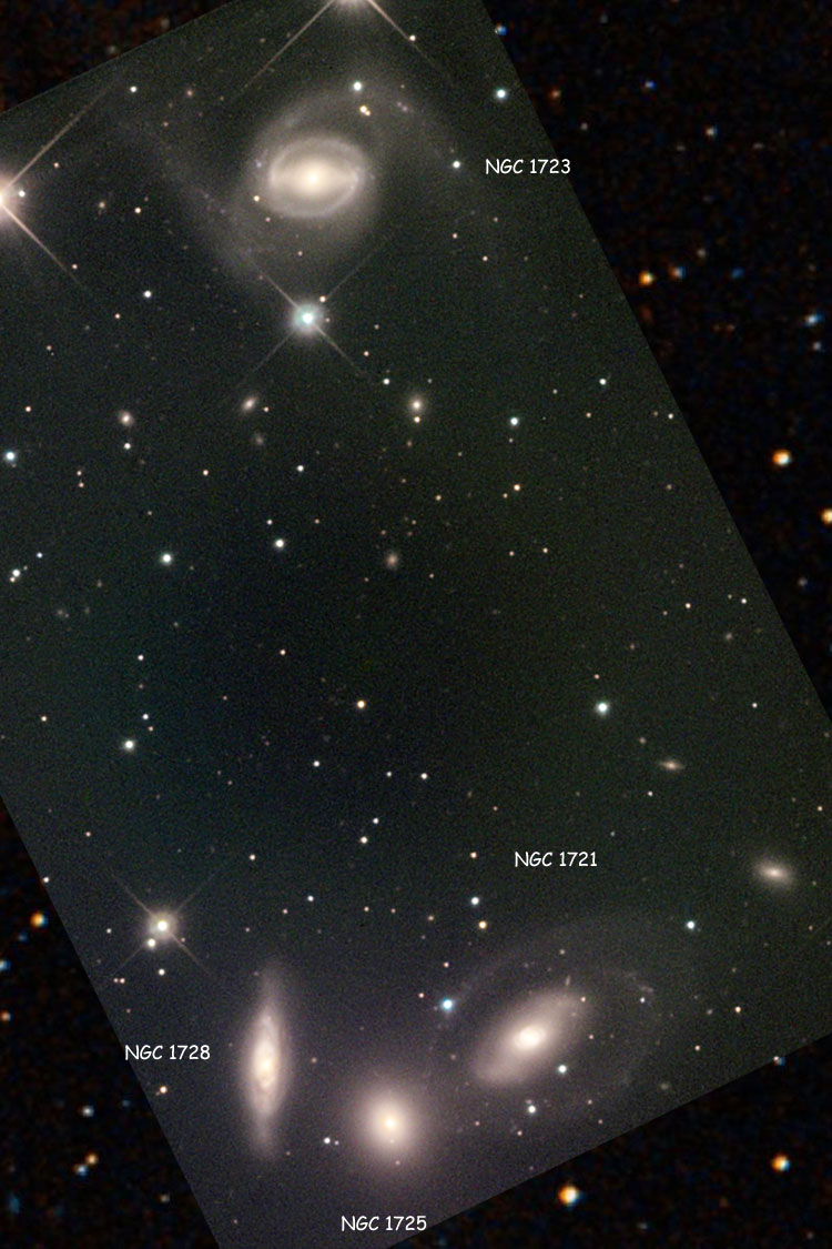 NOAO image of the NGC 1721 group, ahowing galaxies NGC 1721, NGC 1723, NGC 1725 and NGC 1728, overlaid on a DSS image to fill in missing areas