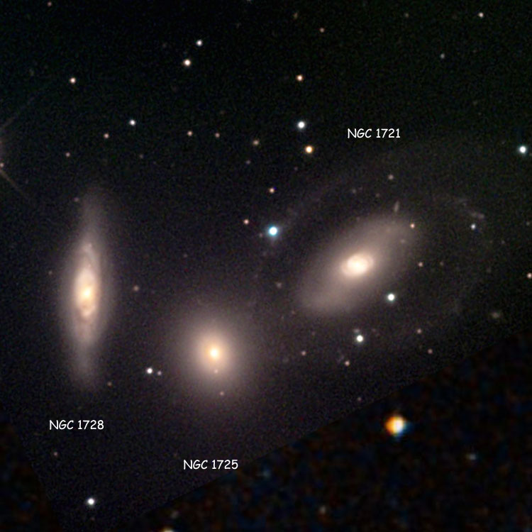 NOAO image of lenticular galaxy NGC 1721 overlaid on a DSS image to fill in missing areas, also showing NGC 1725 and NGC 1728