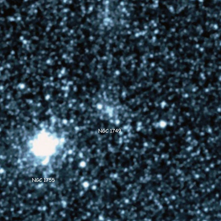 DSS image of open cluster NGC 1749, also showing NGC 1755, both of which lie in the Large Magellanic Cloud