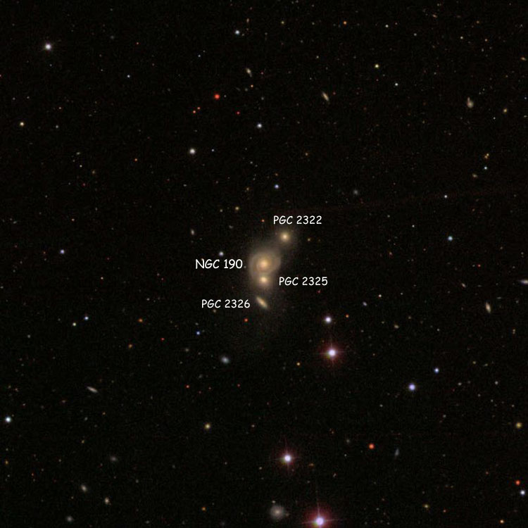 SDSS image of region near spiral galaxy NGC 190, PGC 2322, PGC 2325 and PGC 2326, the four members of Hickson Compact Group 5