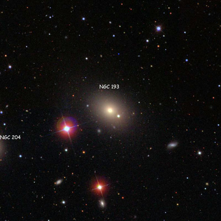 SDSS image of region near lenticular galaxy NGC 193, also showing the western outline of NGC 204