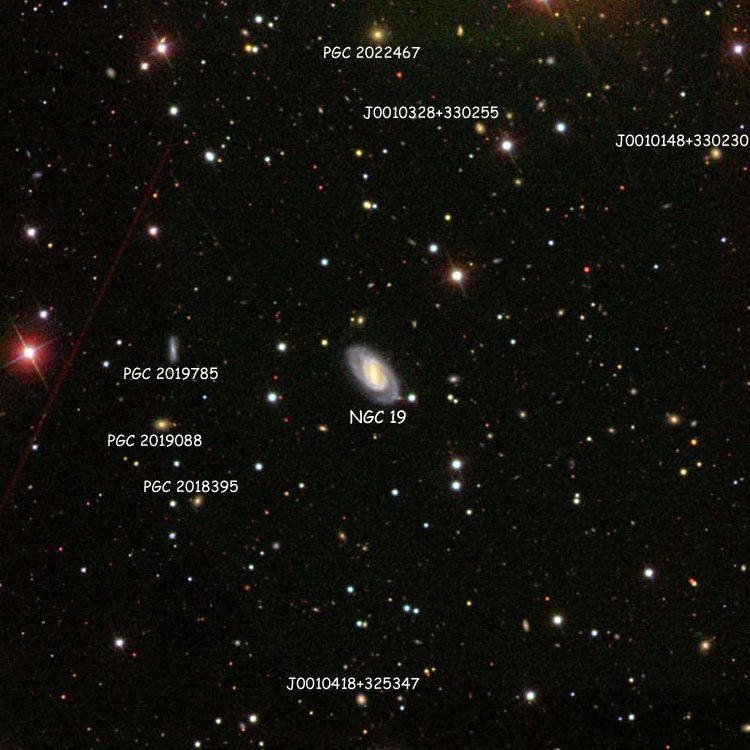 SDSS image of region near spiral galaxy NGC 19, also showing numerous PGC objects