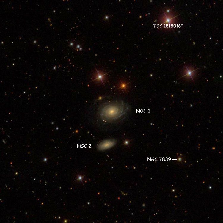 SDSS image of region near spiral galaxy NGC 1, also showing NGC 2, NGC 7839 and a PGC object