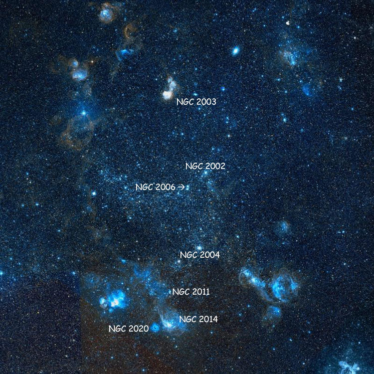 DSS image showing position of the pair of open clusters listed as NGC 2006 relative to the Large Magellanic Cloud