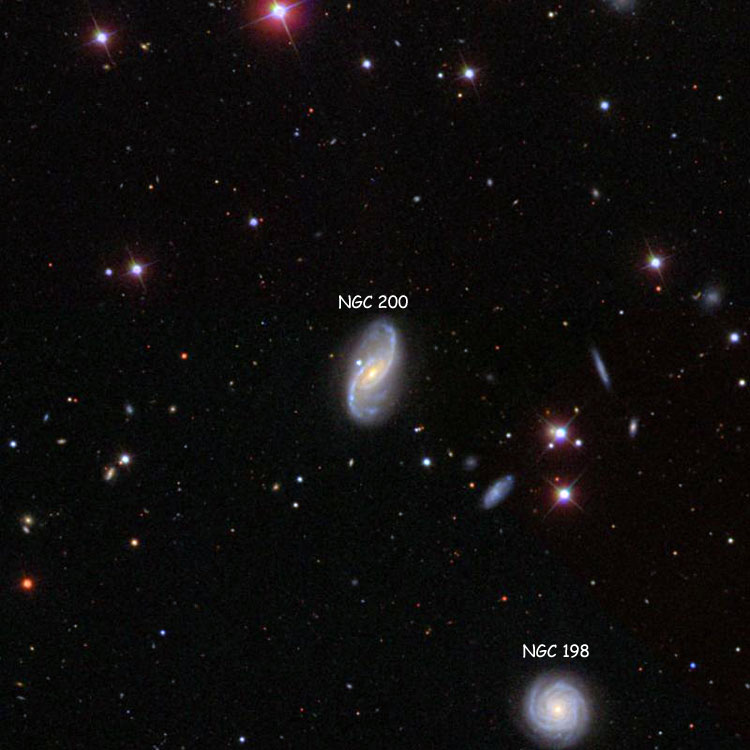 SDSS image of region near spiral galaxy NGC 200, also showing NGC 198
