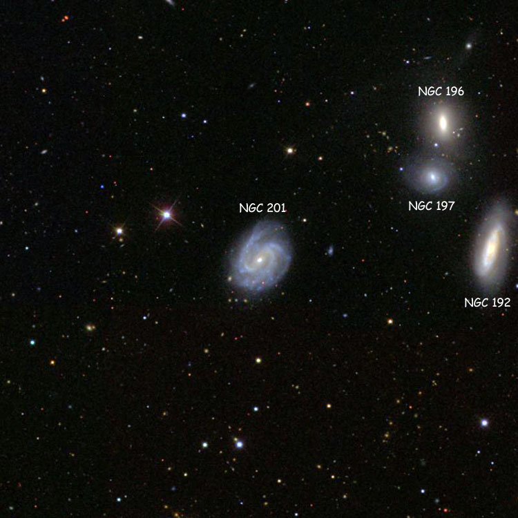 SDSS image of region near spiral galaxy NGC 201, also showing NGC 192, NGC 196 and NGC 197; the four galaxies comprise Hickson Compact Group 7